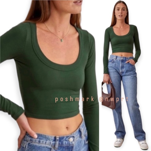 Reformation Tops - REFORMATION🌲 Paige Crop Top Ribbed Shirt Forest Green XS